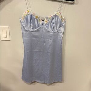 For Love & Lemons Powder Blue Satin Slip with Floral Lace